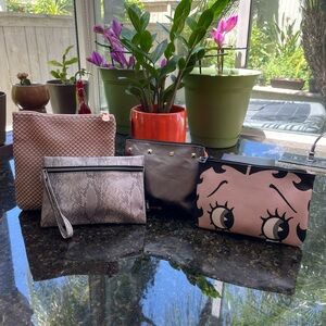 IPSY Pink and Silver Cosmetic Bags with Textured and Graphic Designs